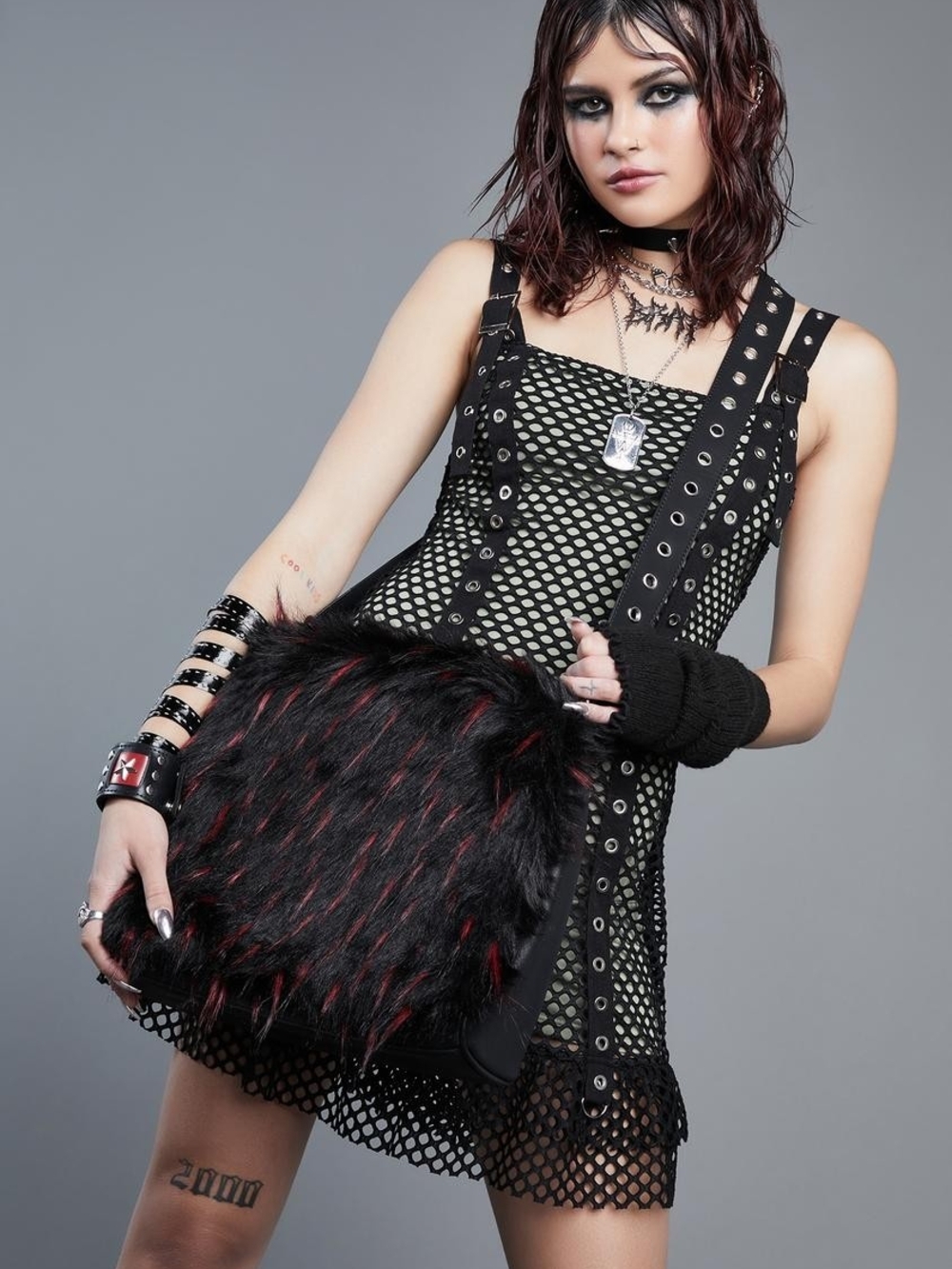 WIDOW Black And Red Faux Fur Messenger Bag